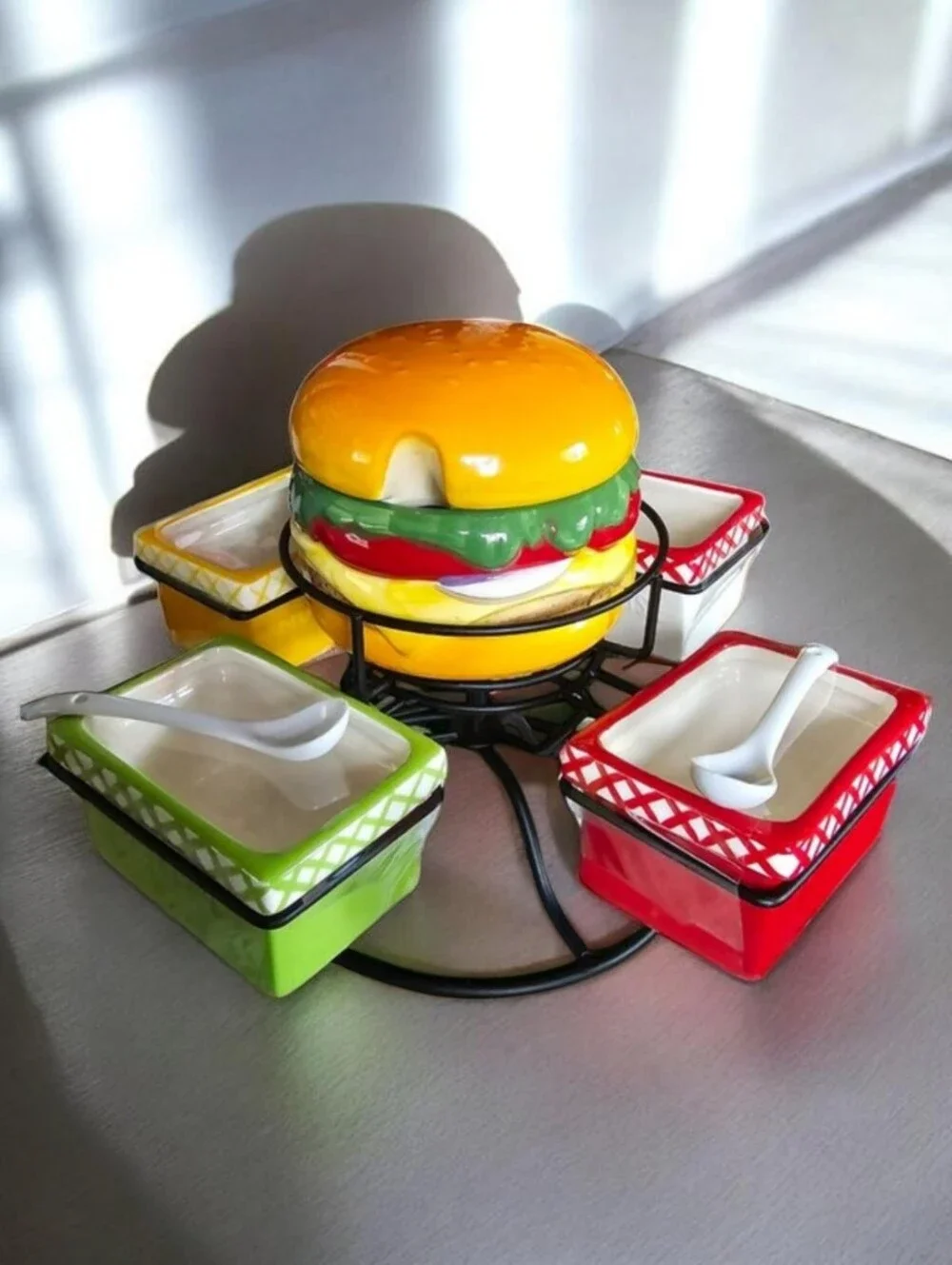 PIER 1 IMPORTS EARTHENWARE Hamburger Condiment Spinner Set